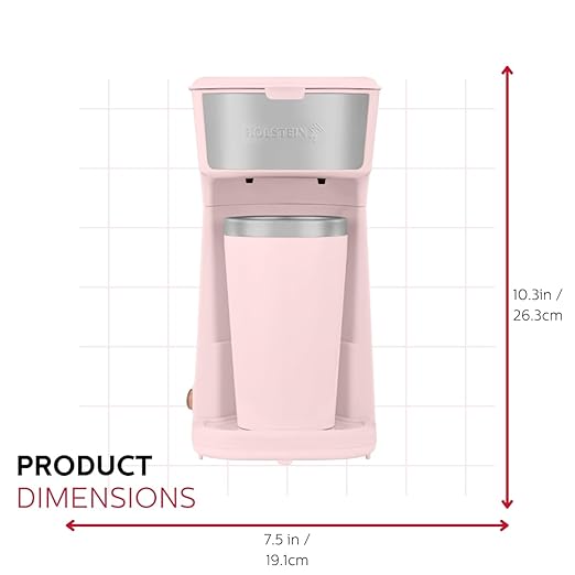 Holstein Housewares Personal Coffee Maker with 14oz Travel Mug – Compact One-Touch Brew Machine with Reusable Filter, Auto Shut-Off, Non-Stick Plate, Ideal for Home, Office, or Dorm. Pink