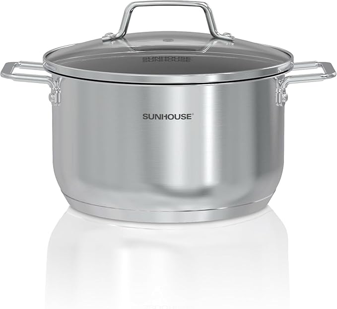 SUNHOUSE 18/8 Stainless Steel Stock Pot - 6.5 Quart Heavy-Duty Induction Cooking Pot with Visible Lid for Pasta, Soup, Spaghetti - Nonstick Thick-Bottom Deep Stockpot