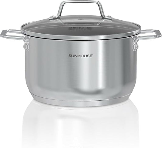 SUNHOUSE 18/8 Stainless Steel Stock Pot - 6.5 Quart Heavy-Duty Induction Cooking Pot with Visible Lid for Pasta, Soup, Spaghetti - Nonstick Thick-Bottom Deep Stockpot
