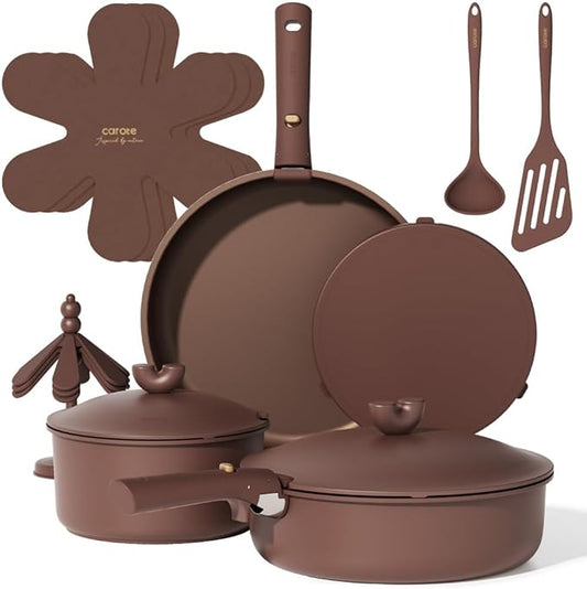 CAROTE 17pcs Pots and Pans Set Non Stick, Gift Set Nonstick Cookware Die-cast Aluminum Detachable Handle, Dishwasher/Oven Safe, Induction Cooking Pot and Pan Sets, Coffee, RV Kitchen Cookwares