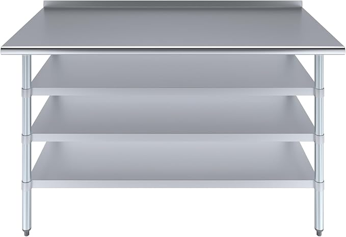 AmGood Stainless Steel Work Table with 1.5" Backsplash and 3 Shelves | Metal Kitchen Food Prep Table | NSF (60" Long x 30" Deep)