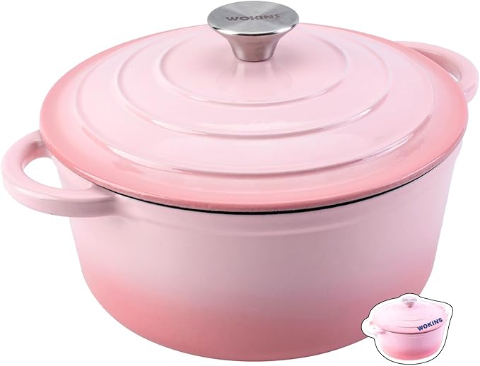 7QT Enameled Cast Iron Dutch Oven Pot with Lid,Heavy-Duty Cookware for Sourdough Bread Baking,Braising,Stews,Roasting,Oven Safe up to 500°F,pink