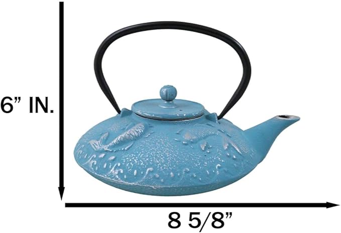 Ebros Gift Traditional Oriental Tetsubin Cast Iron Teapot With Enameled Interior 27oz Asian Japanese Chinese Fusion Housewarming Tea Pot Accent (Turquoise Blue Auspicious Koi Fishes)