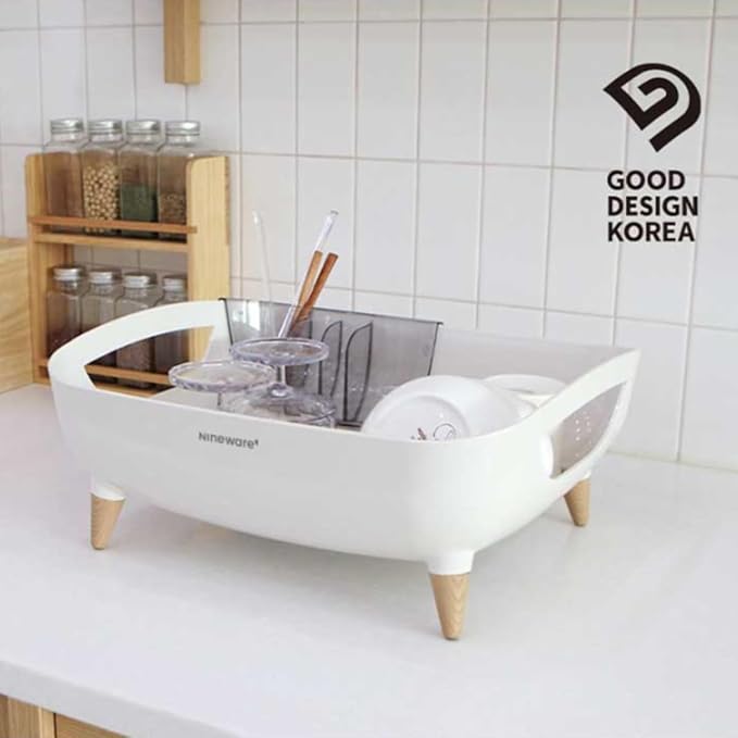 Wide Volume Dish Drying Rack with Removable Utensil Holder, Large Capacity Kitchen Counter Organizer, 360° Swivel Water Drain Spout, Sleek Design, Made in Korea (Cream White)