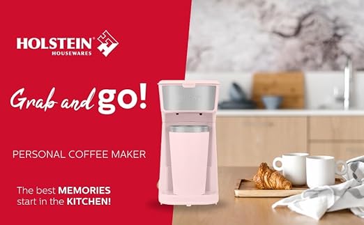 Holstein Housewares Personal Coffee Maker with 14oz Travel Mug – Compact One-Touch Brew Machine with Reusable Filter, Auto Shut-Off, Non-Stick Plate, Ideal for Home, Office, or Dorm. Pink