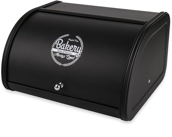 Home by Jackie Inc X458 Black Metal Bread Box/Bin/kitchen Storage Containers with Roll Top Lid (Black)