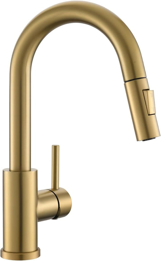 Modern Bar Sink Faucet for Kitchen Sink Single Handle with Pull Out Sprayer Hot and Cold Prep Sink Faucet Brushed Gold
