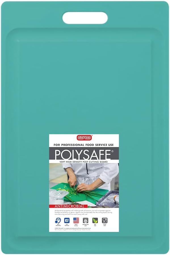 Dexas NSF Certified Polysafe Cutting Board with Handle and Juice Well, 12 x 18 inches, Reversible Kitchen Cutting Board, Teal Green