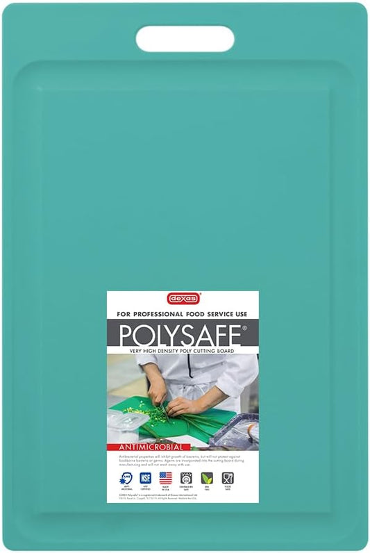 Dexas NSF Certified Polysafe Cutting Board with Handle and Juice Well, 12 x 18 inches, Reversible Kitchen Cutting Board, Teal Green