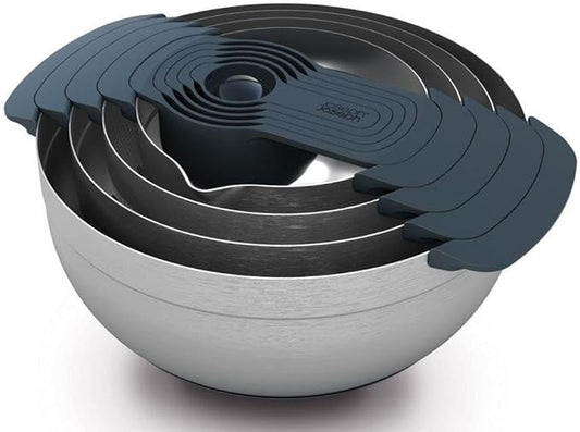 Joseph Joseph Nest 9 Plus, 9 Piece Compact Food Preparation Set with Mixing Bowls, Measuring Cups, Sieve and Colander, Stainless Steel