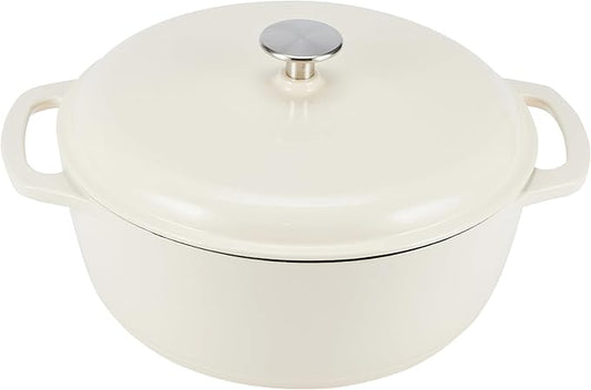 Amazon Basics Enameled Cast Iron Dutch Oven Pot with Lid, Dual Handles, Heavy-Duty, Oven Safe for Stews, Roasting, Baking, 7.3-Quart, White