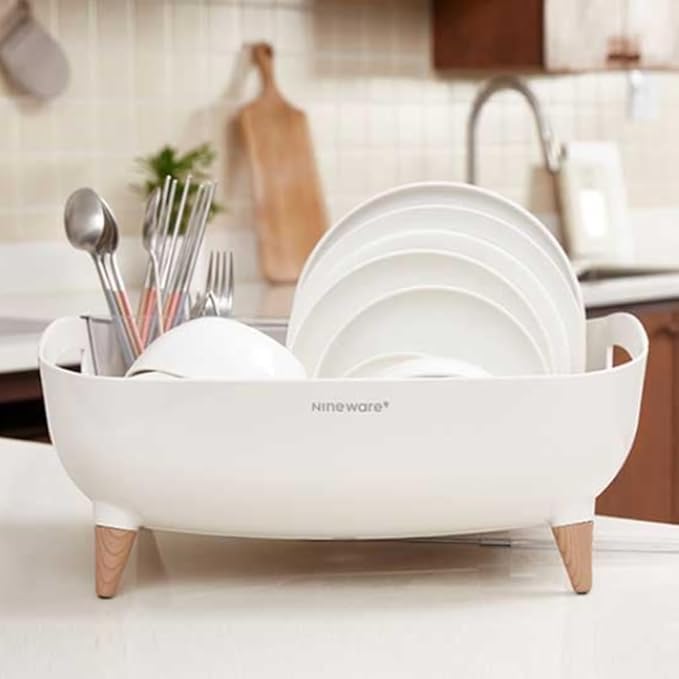 Wide Volume Dish Drying Rack with Removable Utensil Holder, Large Capacity Kitchen Counter Organizer, 360° Swivel Water Drain Spout, Sleek Design, Made in Korea (Cream White)