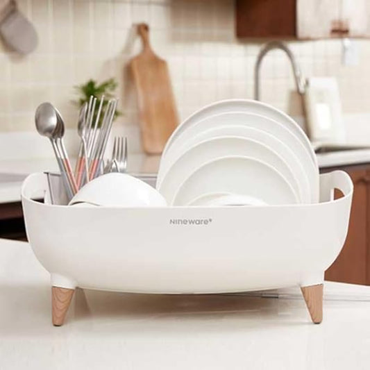 Wide Volume Dish Drying Rack with Removable Utensil Holder, Large Capacity Kitchen Counter Organizer, 360° Swivel Water Drain Spout, Sleek Design, Made in Korea (Cream White)