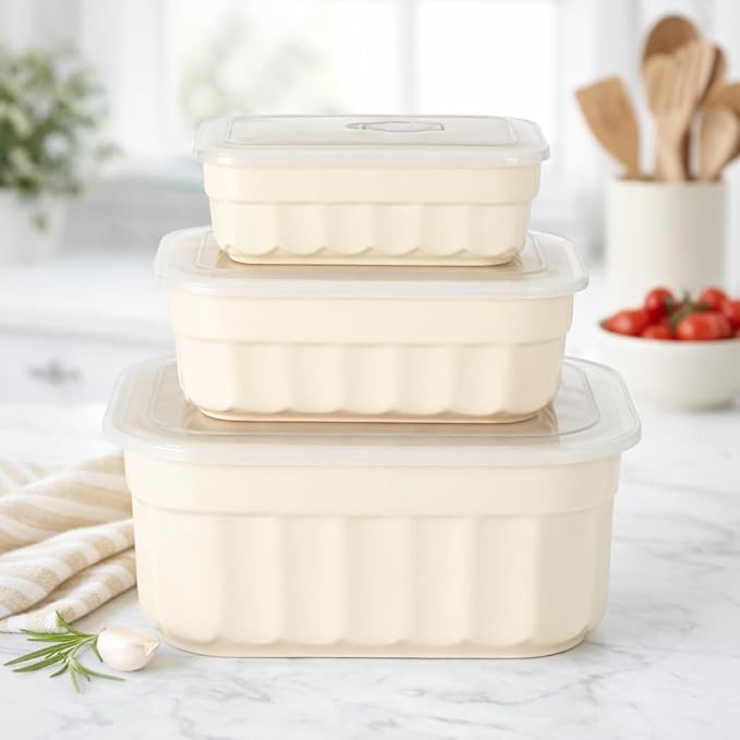Martha Stewart Broadbrook 6 Piece Stoneware Meal Prep Container Set with Lids, Rectangular Food Storage & Bakeware, Cream, Oven, Microwave & Dishwasher Safe
