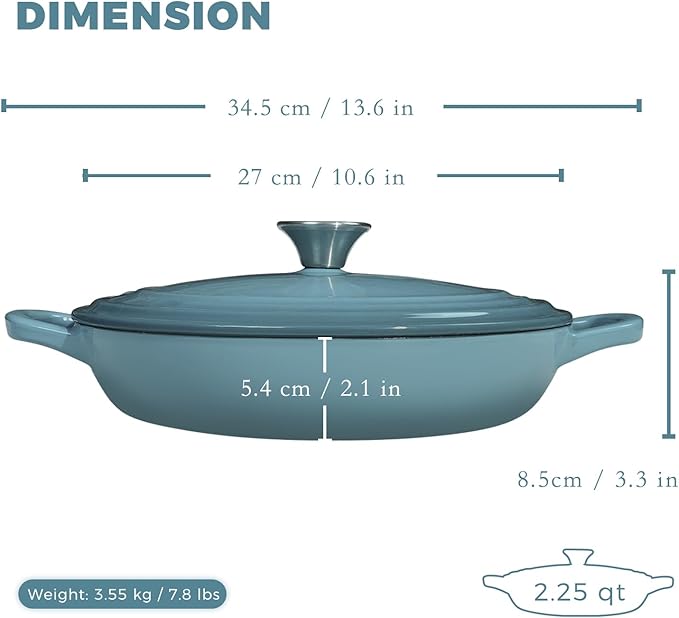 Braiser Enameled Cast Iron Braiser 2.25 qt Braiser Pan with Lid Slateblue Shallow Cast Iron Casserole Braiser Pan with Handels