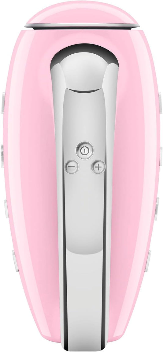SMEG Pink 50's Retro Style Electric Hand Mixer with Set of Dough Hooks, Set of Beaters, and Set of Whisks