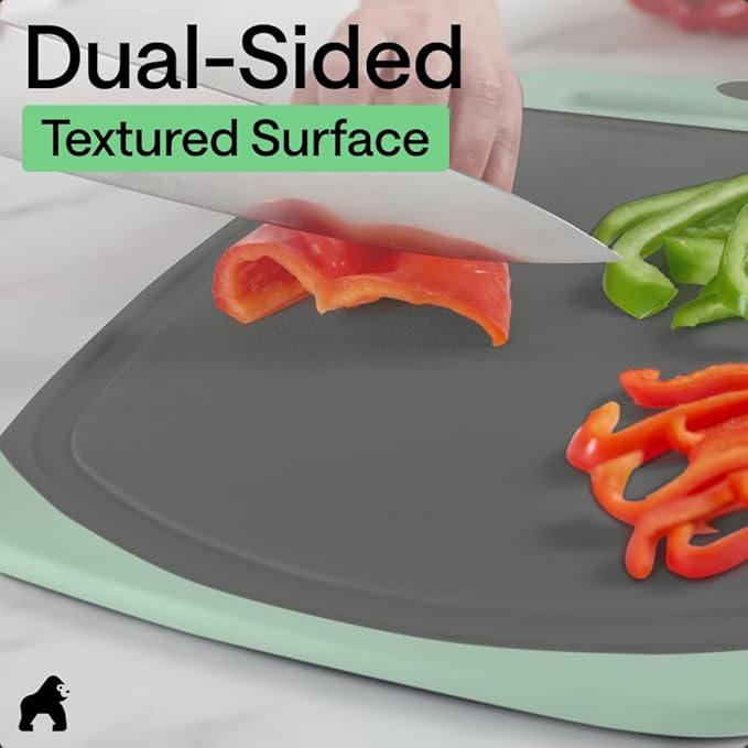 GORILLA GRIP BPA-Free Reversible Kitchen Cutting Board Set of 3, US Designed, Nonporous, Juice Grooves Catch Liquid, Slip Resistant Border, Dishwasher Safe, Durable Food Chopping Boards, Gray Mint