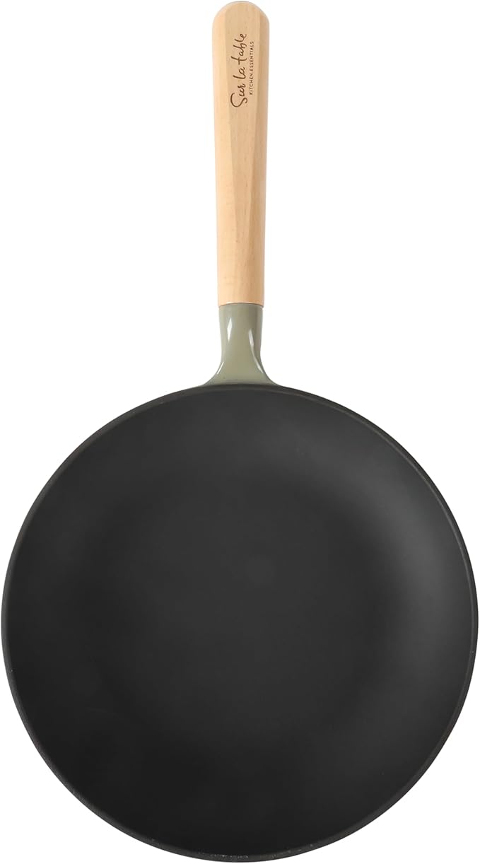Sur La Table Kitchen Essential Main Canteen 9.5" Pre-Seasoned Cast Iron Skillet w/Wood Handle, Natural Nonstick Lightweight Frying Pan for Searing, Sautéing & Everyday Cooking - Juniper Green