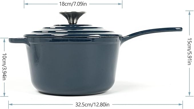 HAWOK 2 qt Enameled Cast Iron Saucepan, 7 inch with Lid, Navy Blue