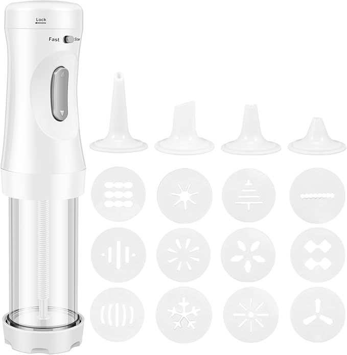 Electric Cookie Press Gun，DIY Cookies Maker Set with 12 Cookie Discs and 4 Icing Nozzles, Electric Cookie Press Decorating Kit for Baking Biscuit Maker