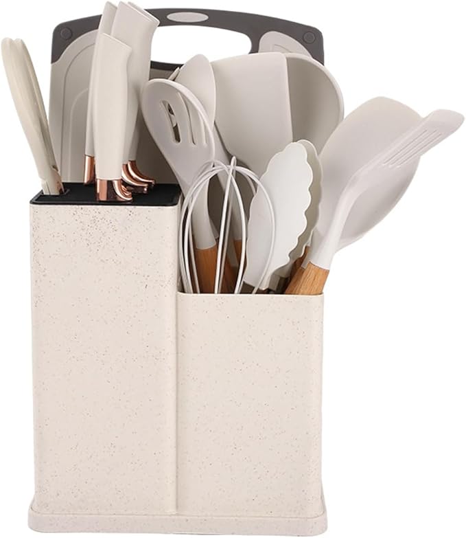 19 Pieces Kitchen Utensils and Knife Set with Block, with 9 Piece Silicone Cooking Utensils Set 5 Piece Sharp Stainless Steel Chef Knives Scissors Whisk Tongs and Cutting Board (19 in 1) (Beige)