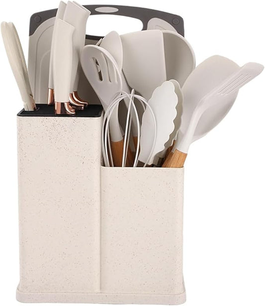 19 Pieces Kitchen Utensils and Knife Set with Block, with 9 Piece Silicone Cooking Utensils Set 5 Piece Sharp Stainless Steel Chef Knives Scissors Whisk Tongs and Cutting Board (19 in 1) (Beige)