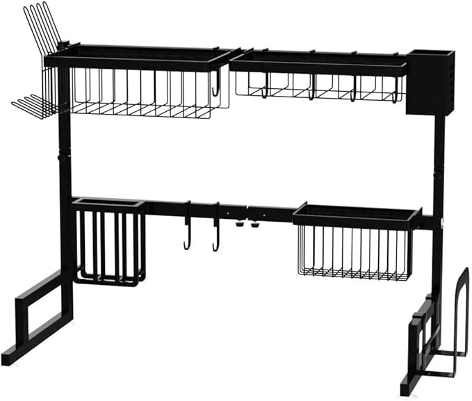 Large Over The Sink Dish Drying Rack (33.4"-41.3") 2 Tier Length Adjustable Dish Drainer for Kitchen Sink Auto Drainage Space Saving Kitchen Organizer, Black (25.6‘’-33.5‘’)