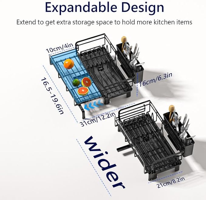 MIKEE Small Dish Drying Rack for Kitchen Counter, Expandable Rustproof Dish Drainer - Over The Sink Dish Drying Rack with 360° Rotating Drain, Kitchen Utensil Holder, Home and Kitchen Organization