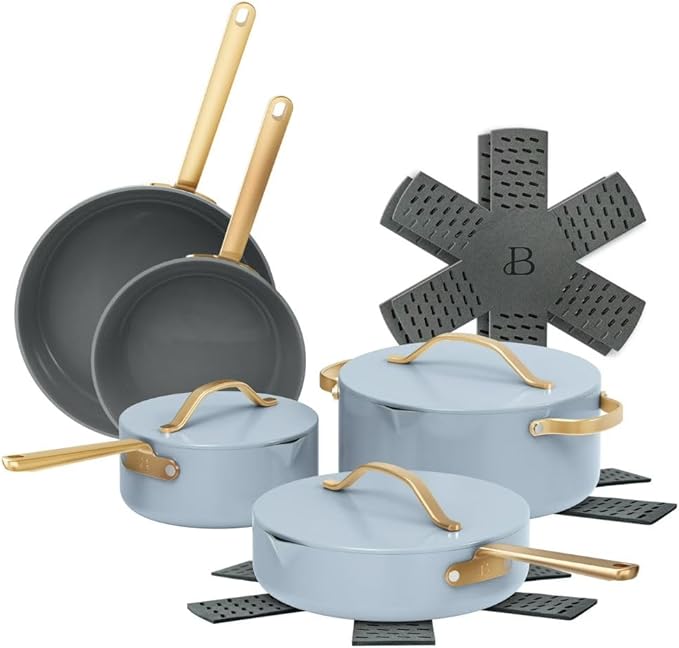 Pans12pc Ceramic Non-Stick Cookware Set by Drew Barrymore, Pots & Pans with Lids, Dishwasher‑Safe,Soft‑Touch Handles, Even‑Heat Base. (Cornflower Blue)