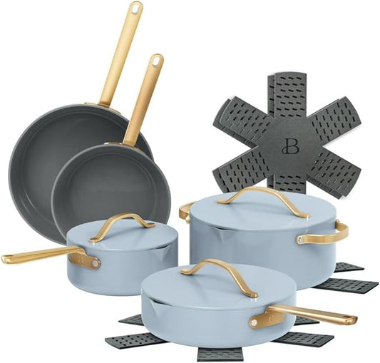 Pans12pc Ceramic Non-Stick Cookware Set by Drew Barrymore, Pots & Pans with Lids, Dishwasher‑Safe,Soft‑Touch Handles, Even‑Heat Base. (Cornflower Blue)
