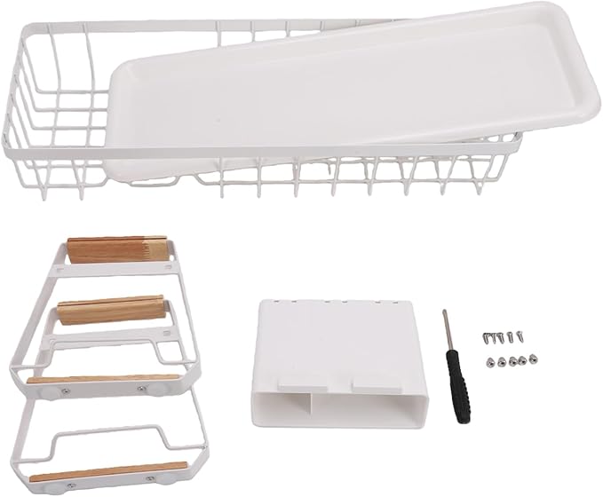 Dish Rack, Over Sink Metal and Wood Dish Drainer with Detachable Drip Tray and Utensil Holder, Space Saving Kitchen Organizer for Countertop (White)