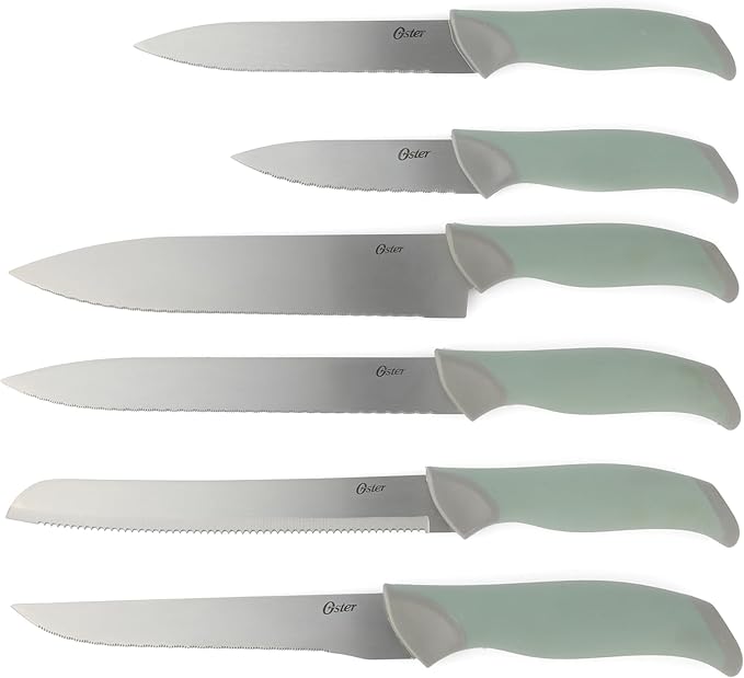 Oster Lindbergh 14 Piece Stainless Steel Kitchen Knife Block Set - Sage Green W/Black Knife Block - Cuchillos Para Cocina