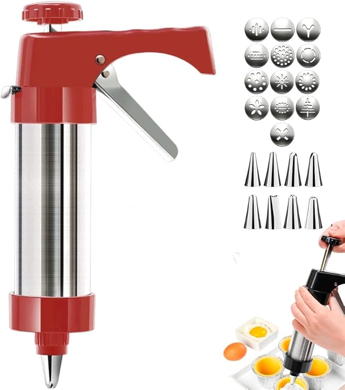 Stainless Steel Cookies Press, 2026 Upgraded Spritz Cookie Press Gun Kit for Baking, Electric Cookie Press with 13 Discs 8 Piping Tips for Churros Cake Decorating (Red)