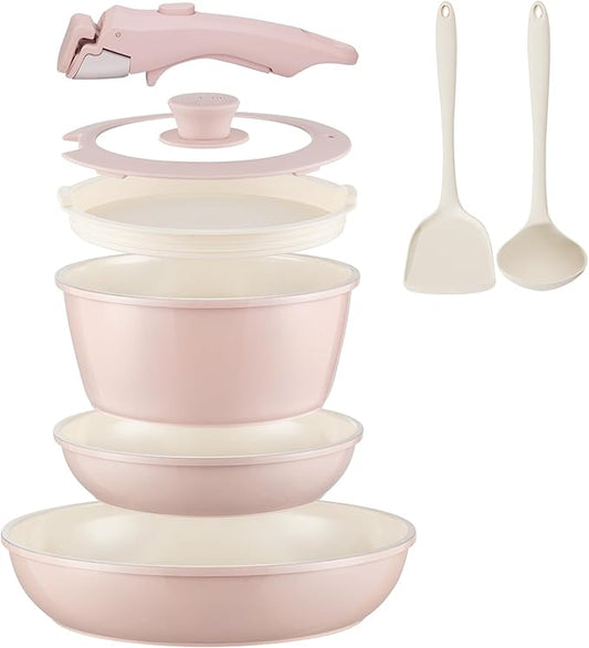 Ceramic Cookware Set Non Stick 8Pcs Pots and Pans Set Detachable Handle Induction Kitchen Cooking Set with Frying Pans Oven Dishwasher Safe, PFAS/PFOA Free, Pink