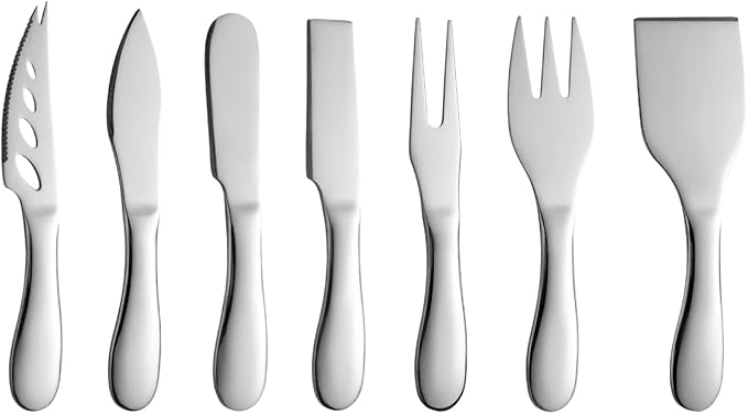 Cheese Knives Set Stainless Steel Silver 7 Pieces Kitchen Utensils Include Cheese Knife, Cheese Spreader, Cheese Forks, Cheese Slicer, Cheese Cutter, Butter Knives Server