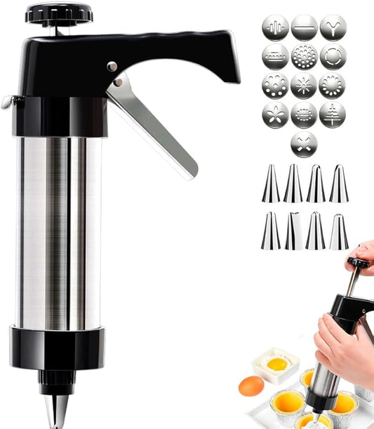 Stainless Steel Cookies Press, 2026 Upgraded Spritz Cookie Press Gun Kit for Baking, Electric Cookie Press with 13 Discs 8 Piping Tips for Churros Cake Decorating (Black)