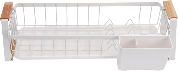 Dish Rack, Over Sink Metal and Wood Dish Drainer with Detachable Drip Tray and Utensil Holder, Space Saving Kitchen Organizer for Countertop (White)