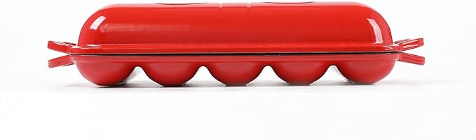 HAWOK Enameled Cast lron Baguette Bread Baker, 3-in-1 Baking Set with Full Baguette Tray, 5-Slot Mini Roll Tray & Reversible Lid Pan, 15 x 6.7 inch, Red