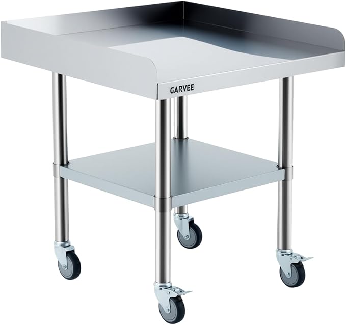 Garvee Stainless Steel Work Table, 24x24x26 Inch Commercial Food Prep Worktable with Wheels, Fixed 3-Sided Backsplash & Height-Adjustable Shelf, Heavy Duty Workbench for Kitchen Restaurant Garage
