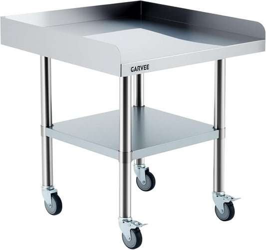 Garvee Stainless Steel Work Table, 24x24x26 Inch Commercial Food Prep Worktable with Wheels, Fixed 3-Sided Backsplash & Height-Adjustable Shelf, Heavy Duty Workbench for Kitchen Restaurant Garage
