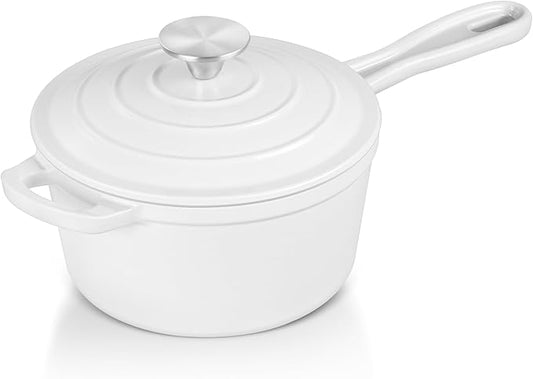 E-far Enameled Cast Iron Sauce Pan, 3 Quart Dutch Oven Saucepan with Lid, Small Sauce Pot for Cooking, Boiling, Healthy & Non Toxic, Induction & Oven Safe, White