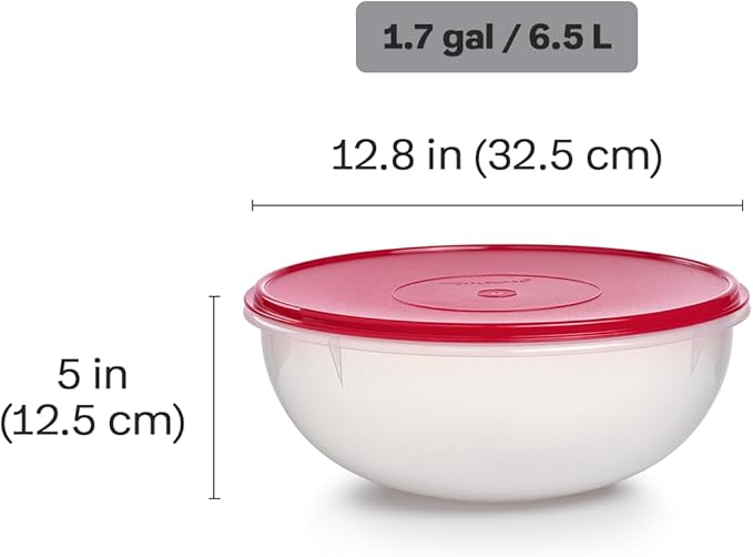 Tupperware Fix-N-Mix 1.7 Gallon Mixing Bowl, Clear with Lipstick Colored Lid, Dishwasher Safe and BPA Free (6.5 L)