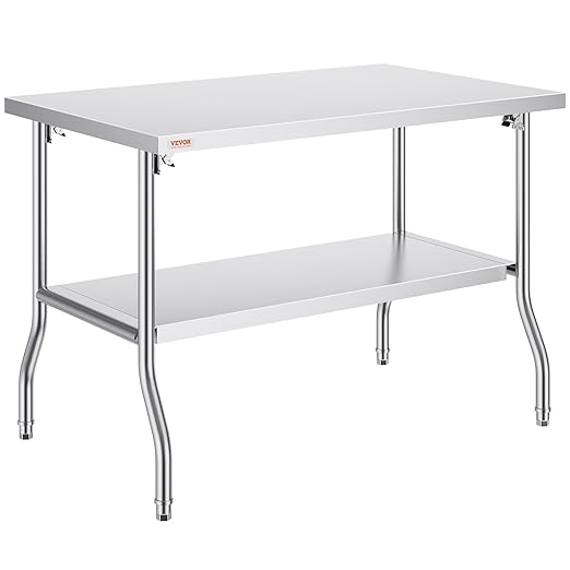 VEVOR Stainless Steel Foldable Work Table, 30 * 48 Inch Heavy Duty Food Outdoor Double Layer Stainless Steel Worktable for Commercial Kitchen Restaurant