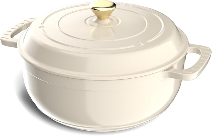 ROVSUN Enameled Cast Iron Round Dutch Oven, 7.5QT Pot with Lid &Dual Handles with Silicone Gloves,Oven Safe up to 500°F, Heavy-Duty Pre-Seasoned Cookware for Bread Baking, Braising, Stews, Roasting,Cream White