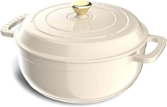 ROVSUN Enameled Cast Iron Round Dutch Oven, 7.5QT Pot with Lid &Dual Handles with Silicone Gloves,Oven Safe up to 500°F, Heavy-Duty Pre-Seasoned Cookware for Bread Baking, Braising, Stews, Roasting,Cream White