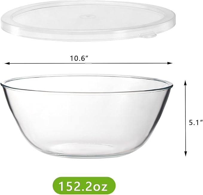 4.7QT Large Glass Mixing Bowl with Lid, Clear Glass Salad Cooking Bowls for Sourdough, Salad and Storage Prepping and Baking Food Storage Set