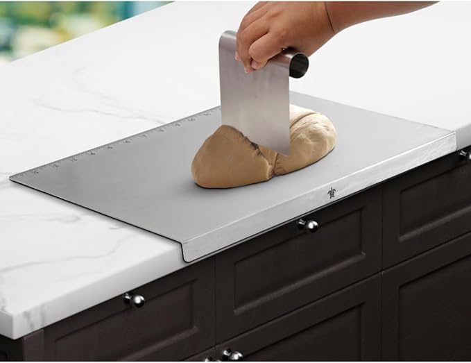 Stainless Steel Cutting Board with Lip | Small size | With Free Dough Cutter for Kitchen Needs | Countertop Metal Baking Board | Meat Chopping | Dishwasher Safe, 15.74 | Mothers Day gift