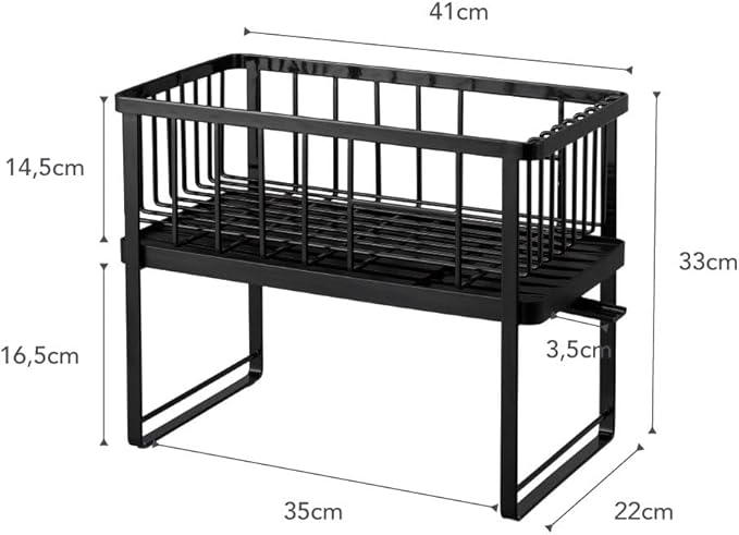 YAMAZAKI Home Tower Two-Tier Adjustable Dish Drainer Rack, Compact Drying Rack with Hooks, Utensils Holder - Steel -