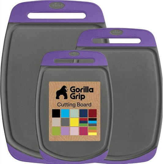 GORILLA GRIP BPA-Free Reversible Kitchen Cutting Board Set of 3, US Designed, Nonporous, Juice Grooves Catch Liquid, Slip Resistant Border, Dishwasher Safe, Durable Food Chopping Boards, Gray Purple
