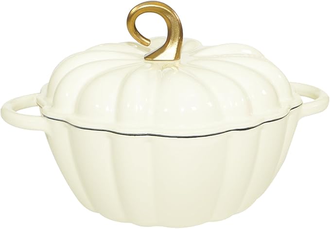 Pumpkin Cast Iron Dutch Oven with Lid, 4.5 QT Heavy-Duty Enameled Pot with Dual Handles, Serves 3-5, Oven Safe for Bread Baking, Braising, Cooking and Family Gifts, White